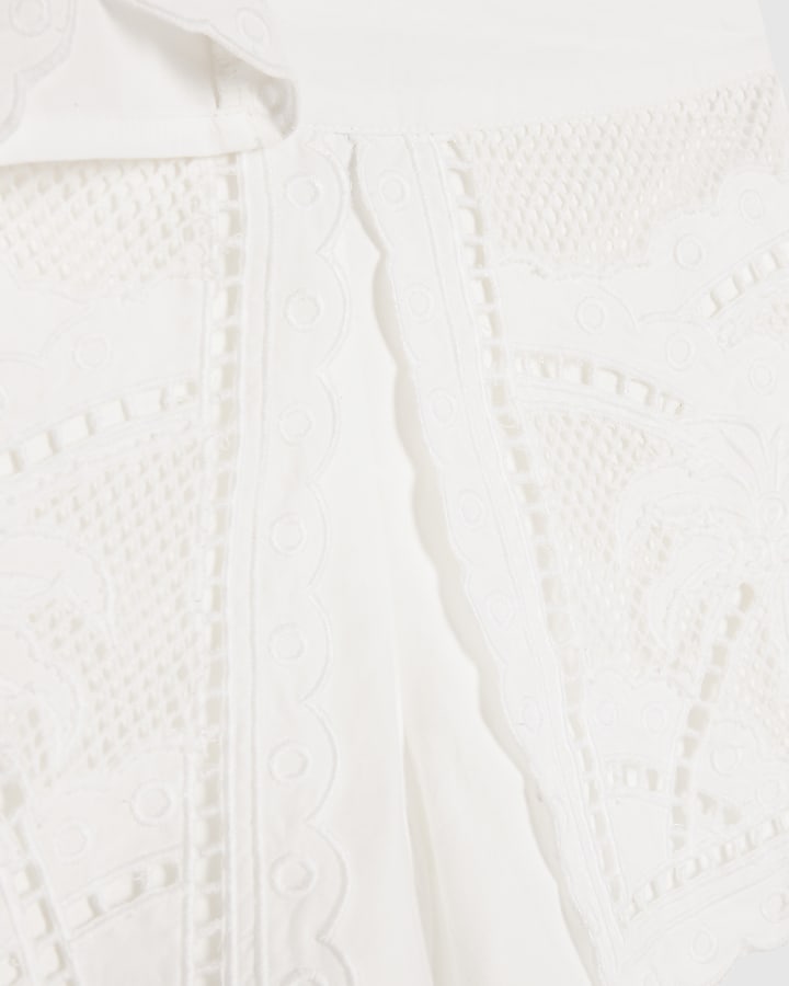 Mini Girls White Cut Work Shirt & Short Set