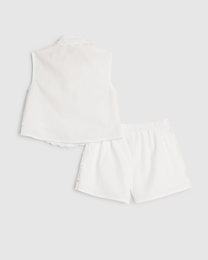 Mini Girls White Cut Work Shirt & Short Set