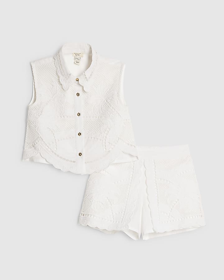 Mini Girls White Cut Work Shirt & Short Set