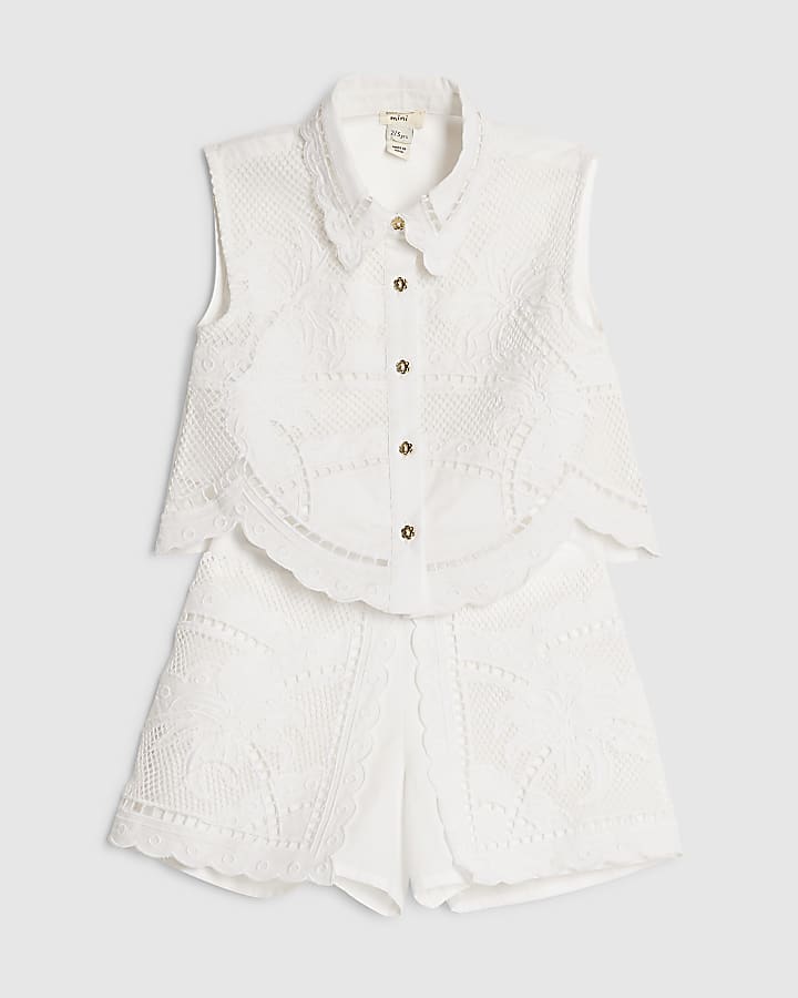 Mini Girls White Cut Work Shirt & Short Set