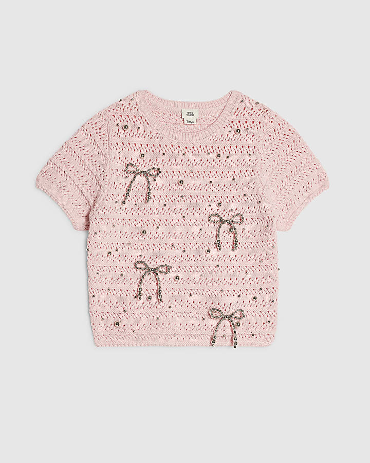 Girls Pink Embellished Bow Crochet Top