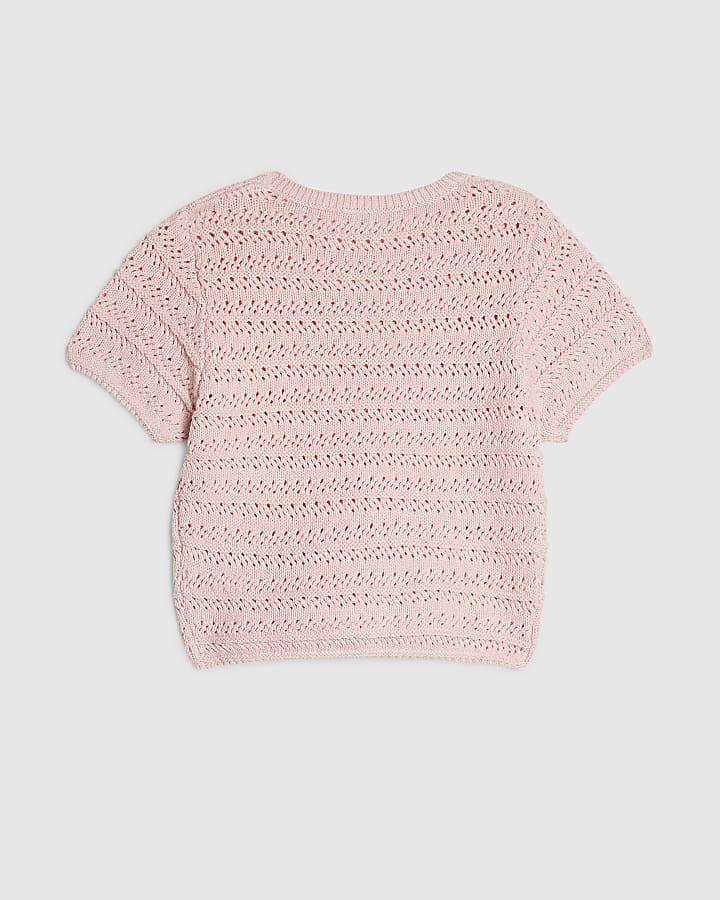 Girls Pink Embellished Bow Crochet Top