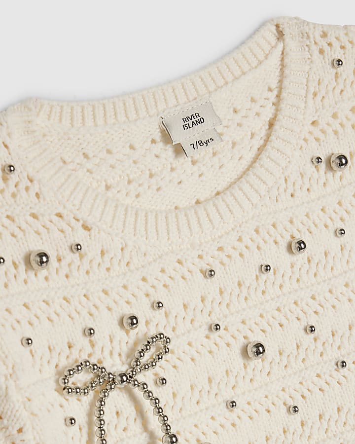 Girls Cream Embellished Crochet T-Shirt