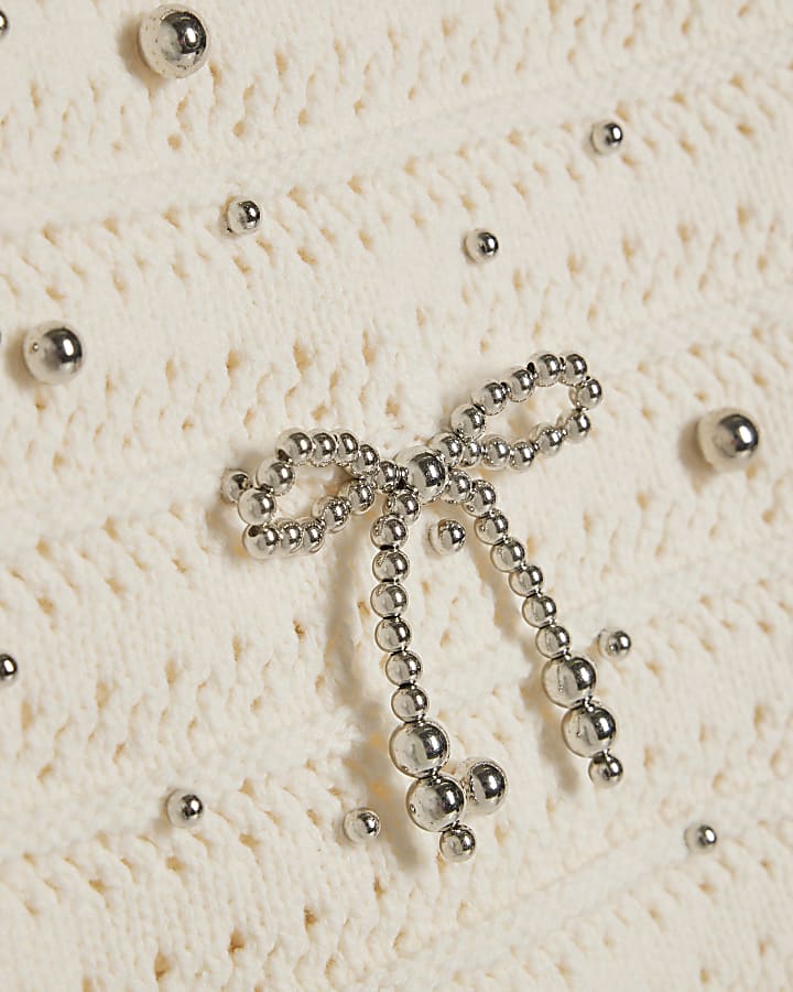 Girls Cream Embellished Crochet T-Shirt