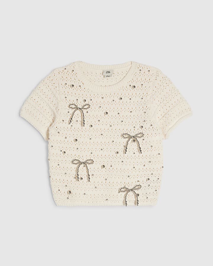 Girls Cream Embellished Crochet T-Shirt
