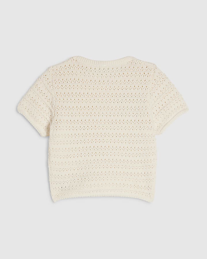 Girls Cream Embellished Crochet T-Shirt