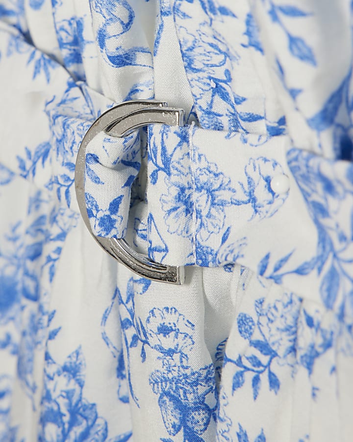 Girls Blue Floral Printed Belted Dress