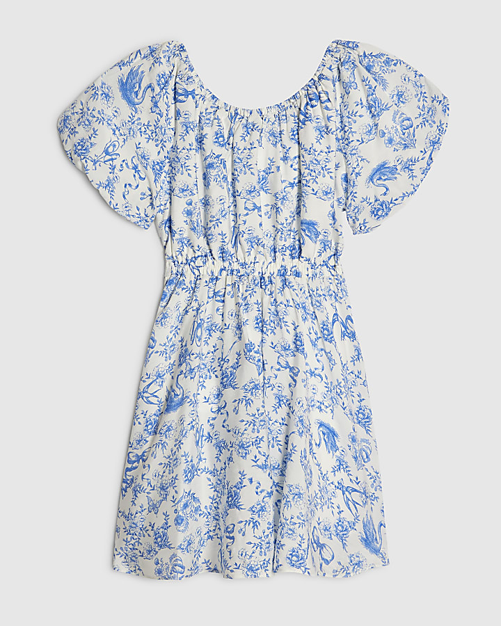 Girls Blue Floral Printed Belted Dress