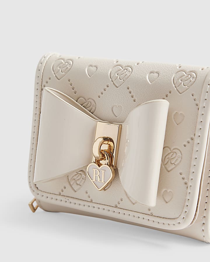 Girls Cream Monogram Bow Purse