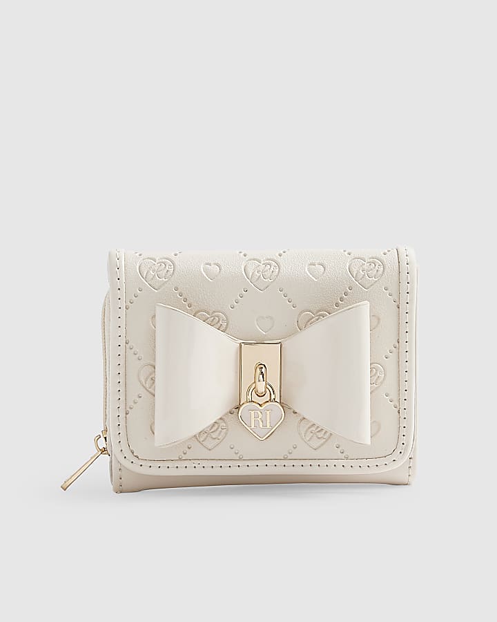 Girls Cream Monogram Bow Purse