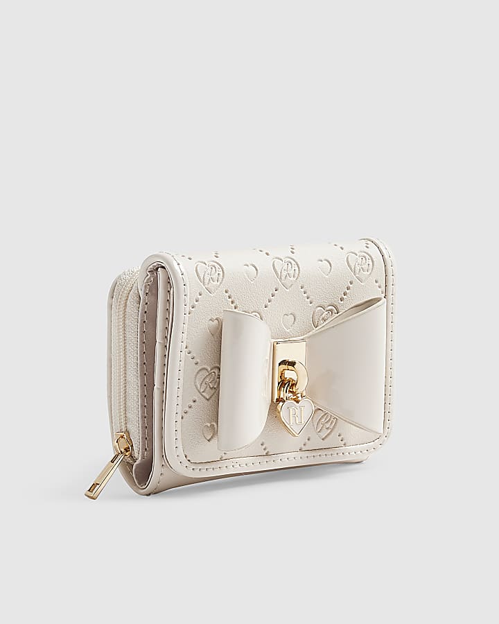 Girls Cream Monogram Bow Purse