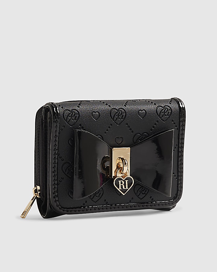 Girls Black Bow Monogram Purse