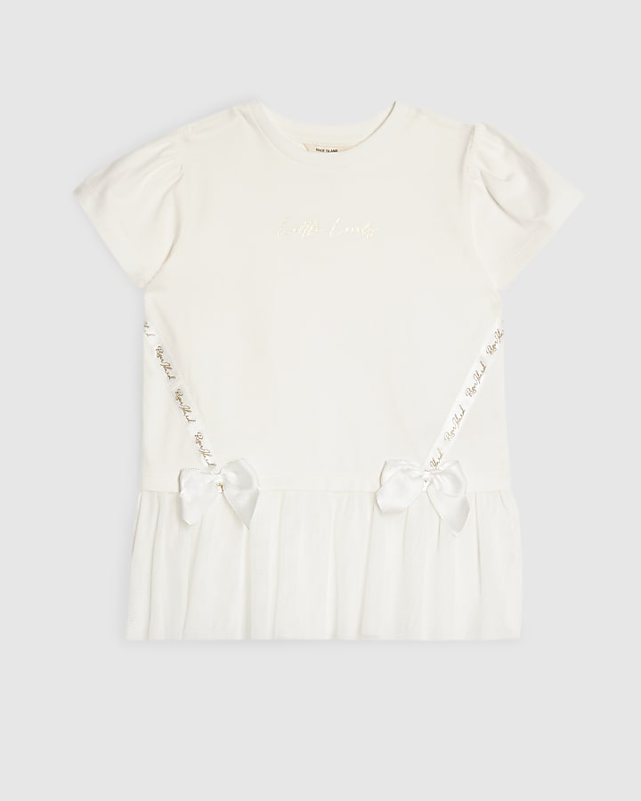 Mini Girls White Tulle Hem T-Shirt