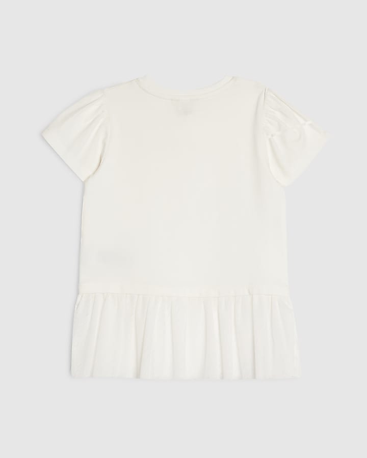 Mini Girls White Tulle Hem T-Shirt
