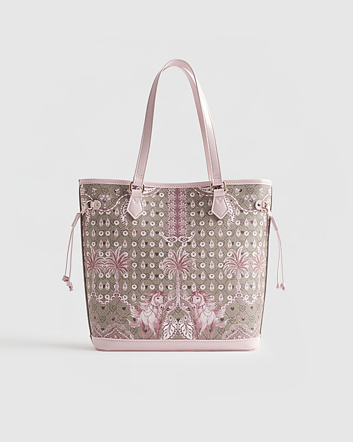 Girls Brown Monogram Horse Print Shopper Bag