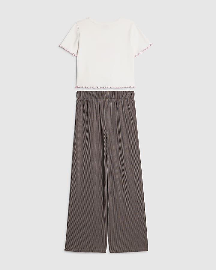 Girls White Bow T-Shirt And Trousers Set