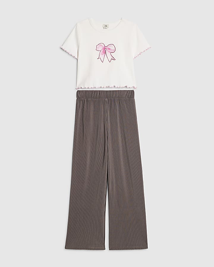Girls White Bow T-Shirt And Trousers Set