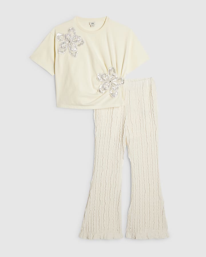Girls Cream Sequin Floral Set