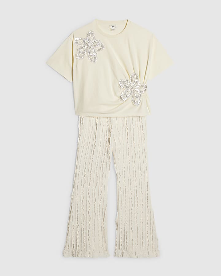 Girls Cream Sequin Floral Set
