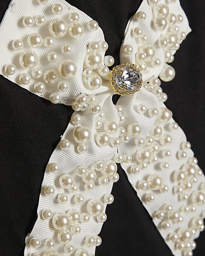 Girls Black Ruffle Pearl Bow Top