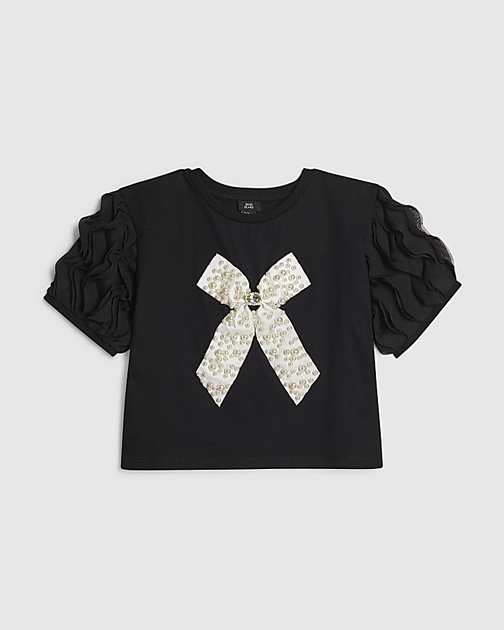 Girls Black Ruffle Pearl Bow Top