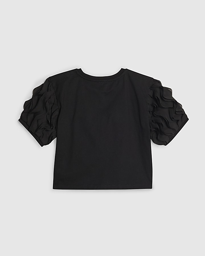 Girls Black Ruffle Pearl Bow Top