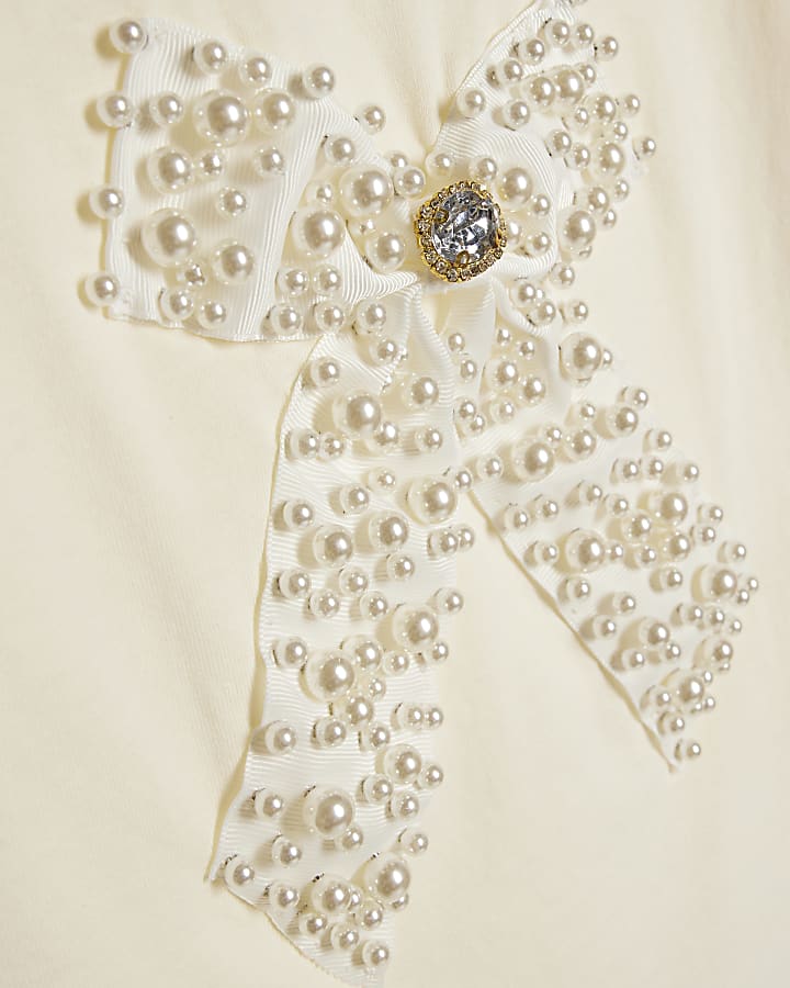 Girls Cream Ruffle Pearl Bow Top
