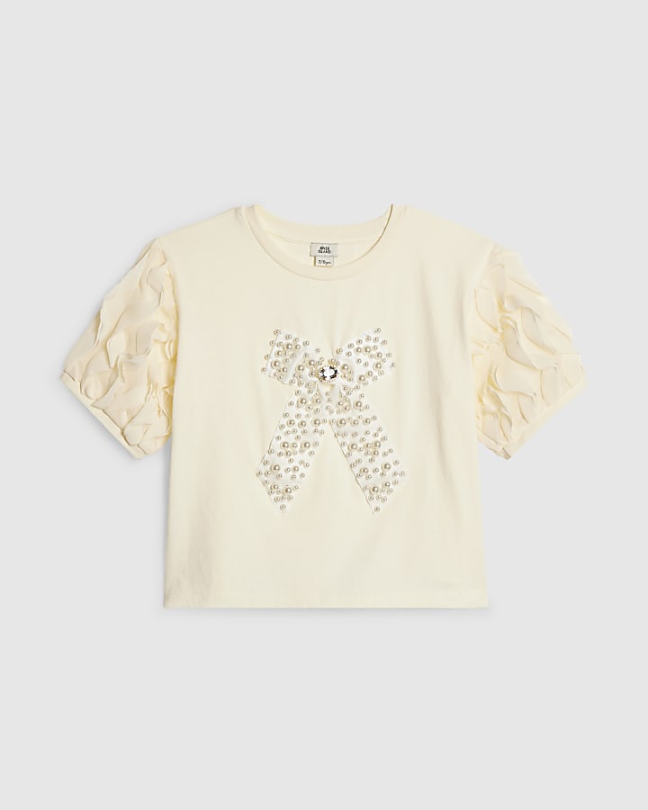 Girls Cream Ruffle Pearl Bow Top