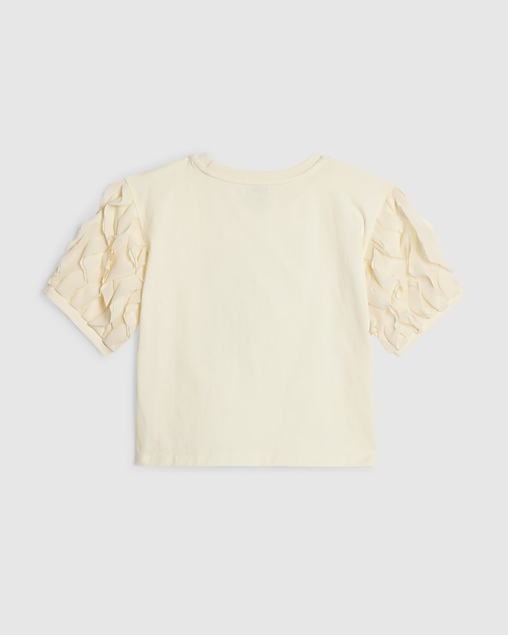 Girls Cream Ruffle Pearl Bow Top