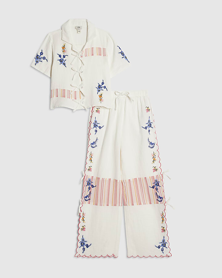 Girls White Embroidered Floral Set