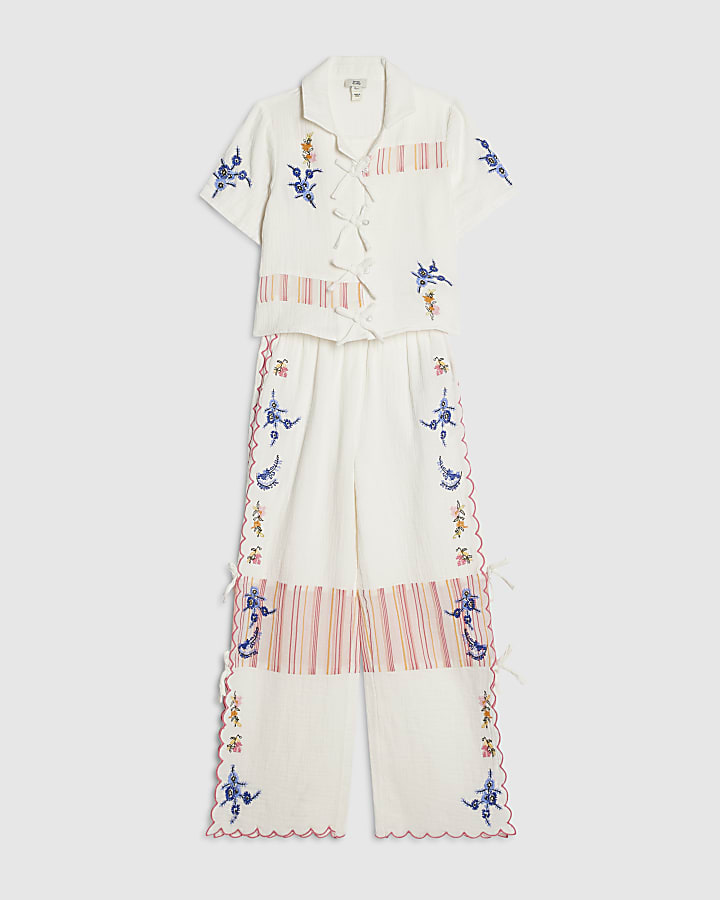 Girls White Embroidered Floral Set