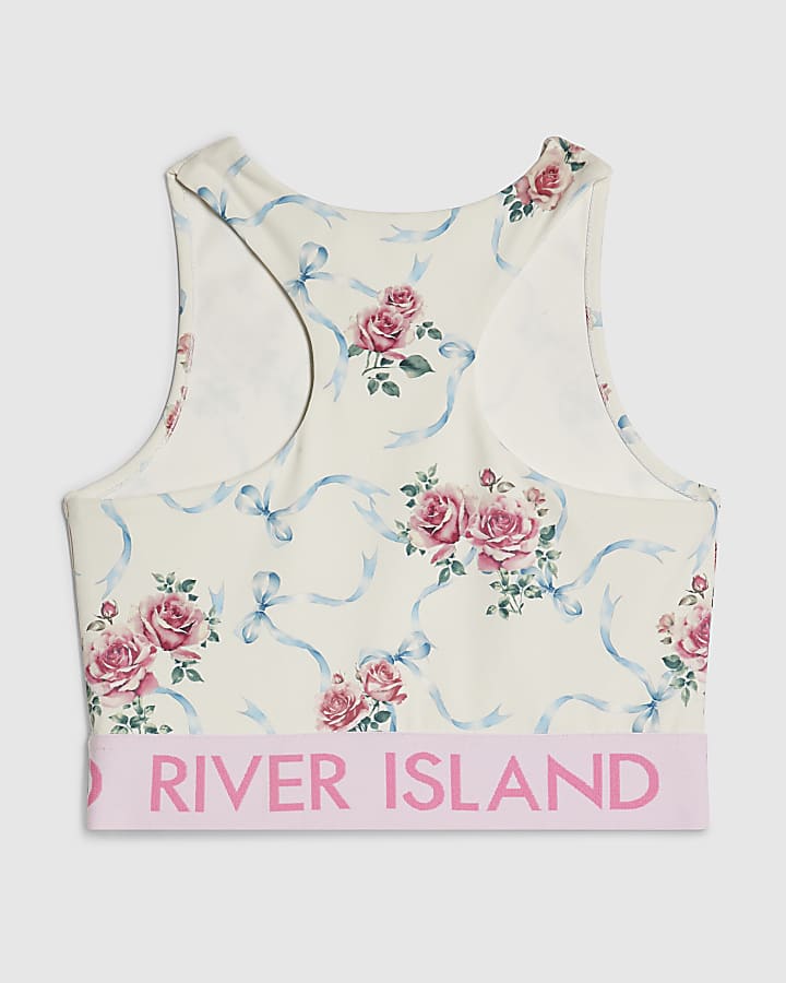 Girls White Floral Print Active Tank Top
