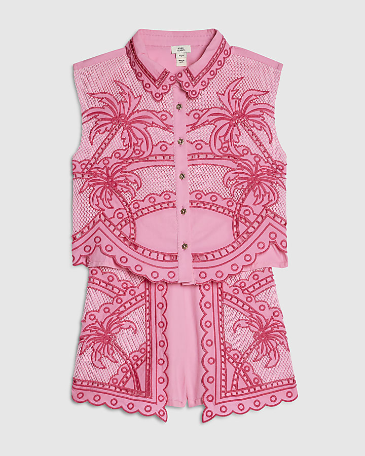 Girls Pink Palm Tree Shirt And Short Set