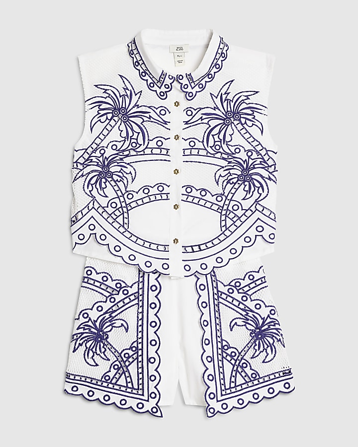 Girls White Palm Tree Shirt And Short Set