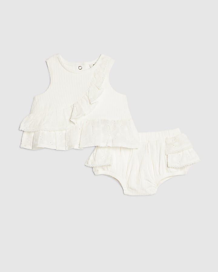 Baby Girls White Ruffle Broderie Bloomer Set