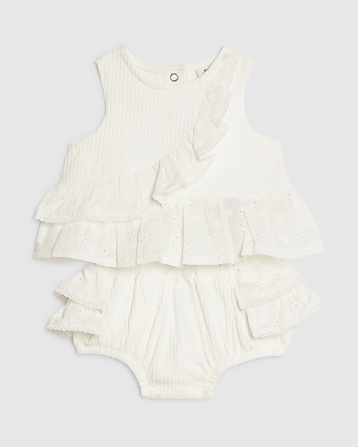 Baby Girls White Ruffle Broderie Bloomer Set