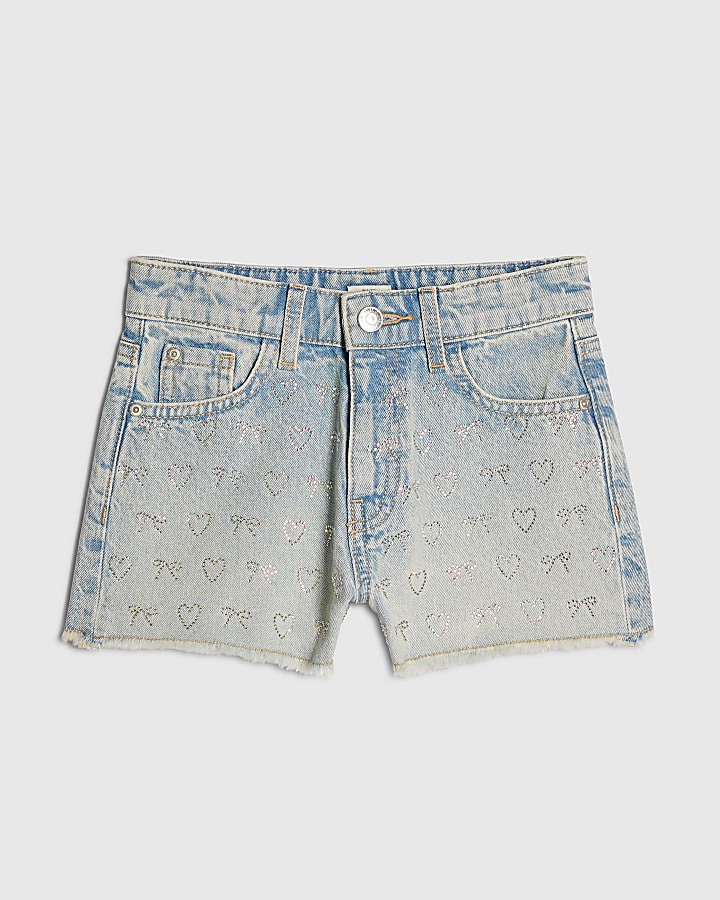 Girls Blue Denim Embellished Shorts