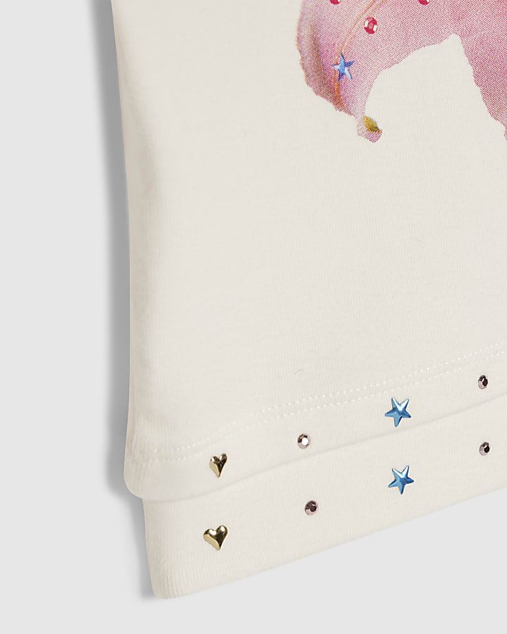 Girls White Flower Stud T-Shirt