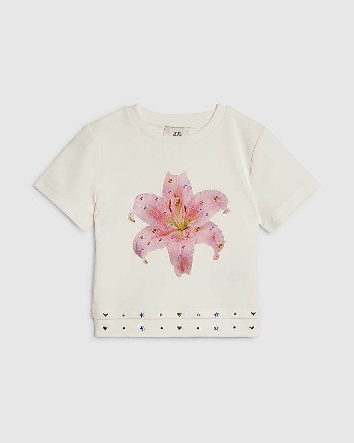 Girls White Flower Stud T-Shirt