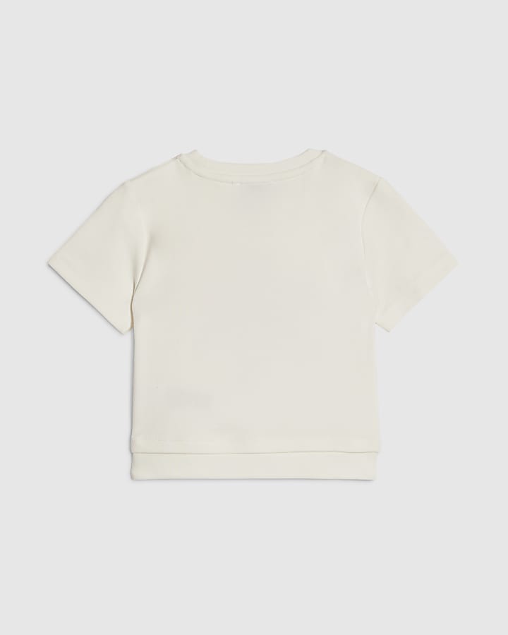 Girls White Flower Stud T-Shirt