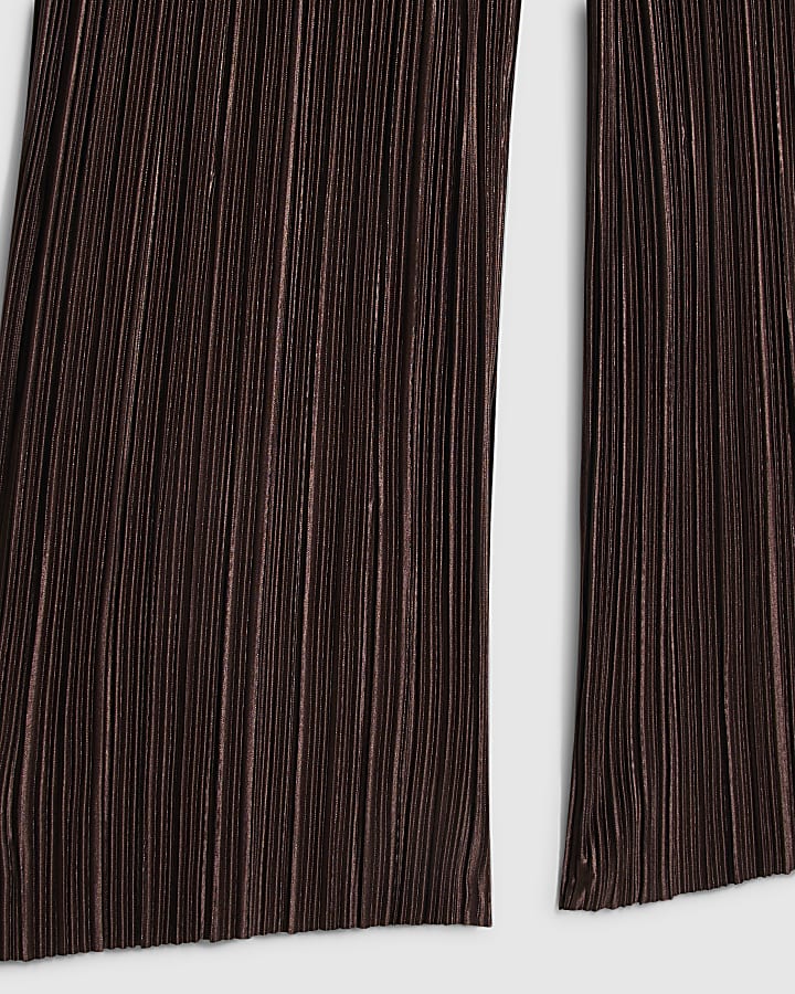 Girls Brown Plisse Wide Leg Trousers