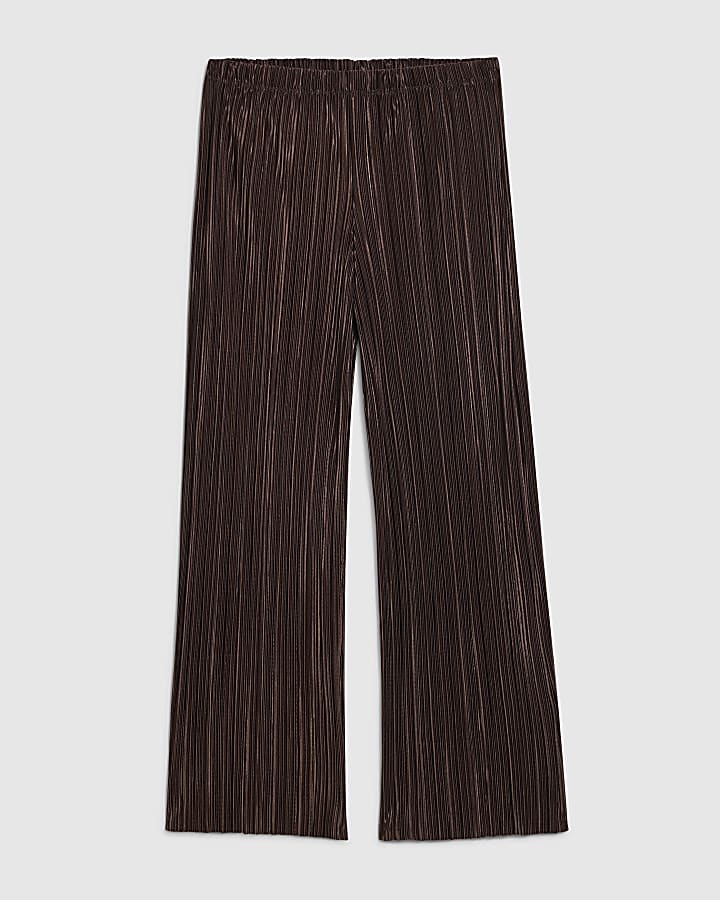 Girls Brown Plisse Wide Leg Trousers