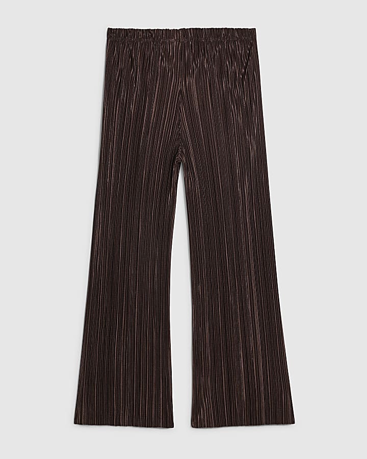 Girls Brown Plisse Wide Leg Trousers