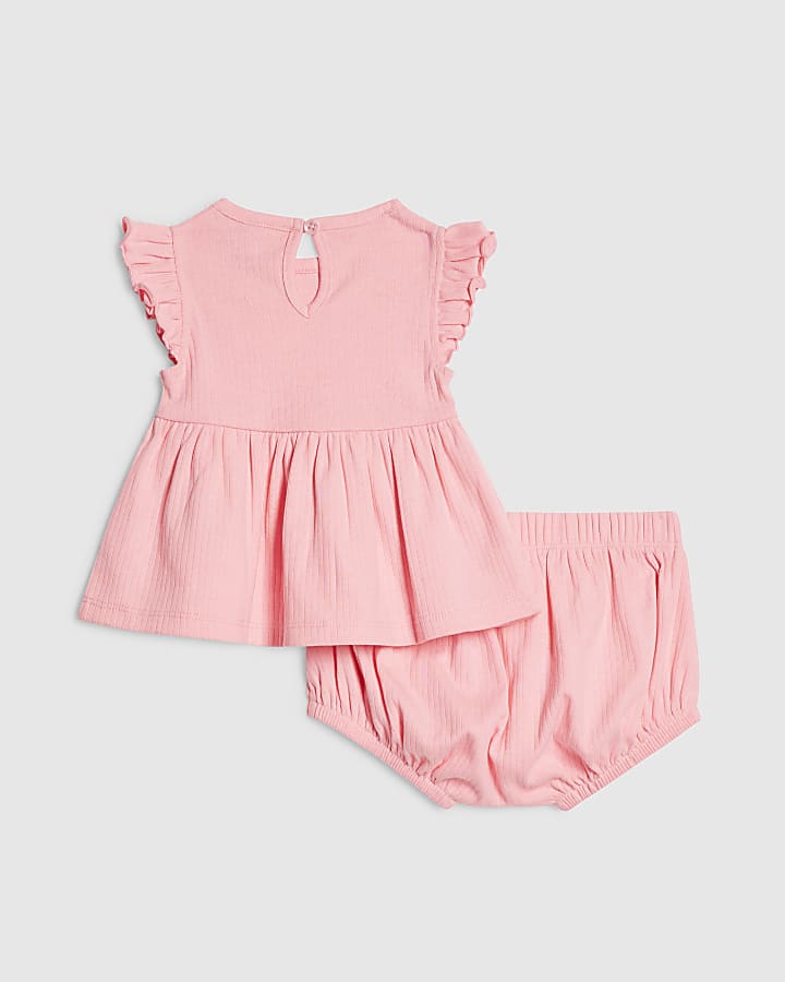 Baby Girls Pink Bow Peplum Ribbed T-Shirt Set