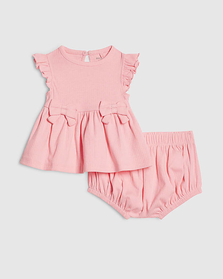 Baby Girls Pink Bow Peplum Ribbed T-Shirt Set