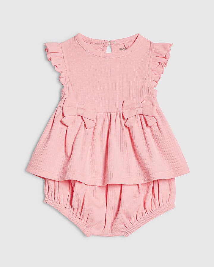 Baby Girls Pink Bow Peplum Ribbed T-Shirt Set