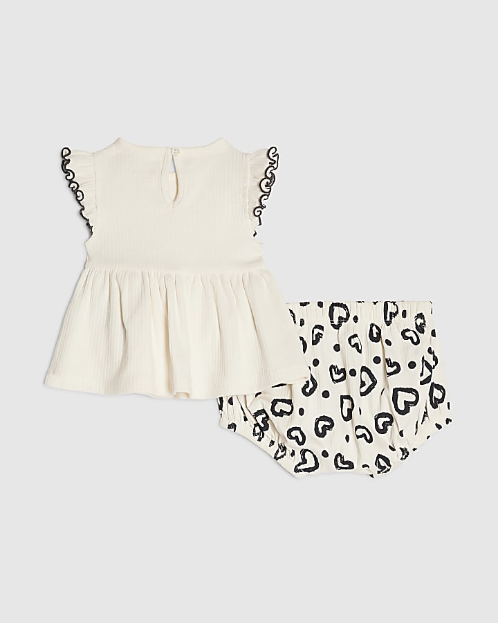 Baby Girls Cream Bow Peplum Ribbed Top Set