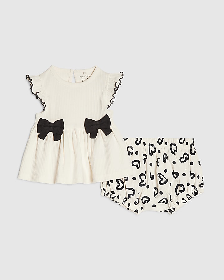 Baby Girls Cream Bow Peplum Ribbed Top Set