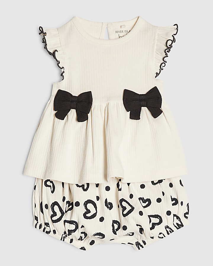 Baby Girls Cream Bow Peplum Ribbed Top Set