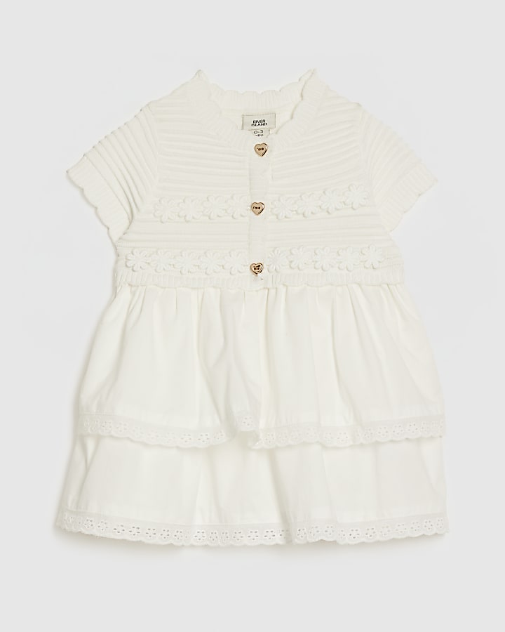 Baby Girls White Hybrid Knit Broderie Dress